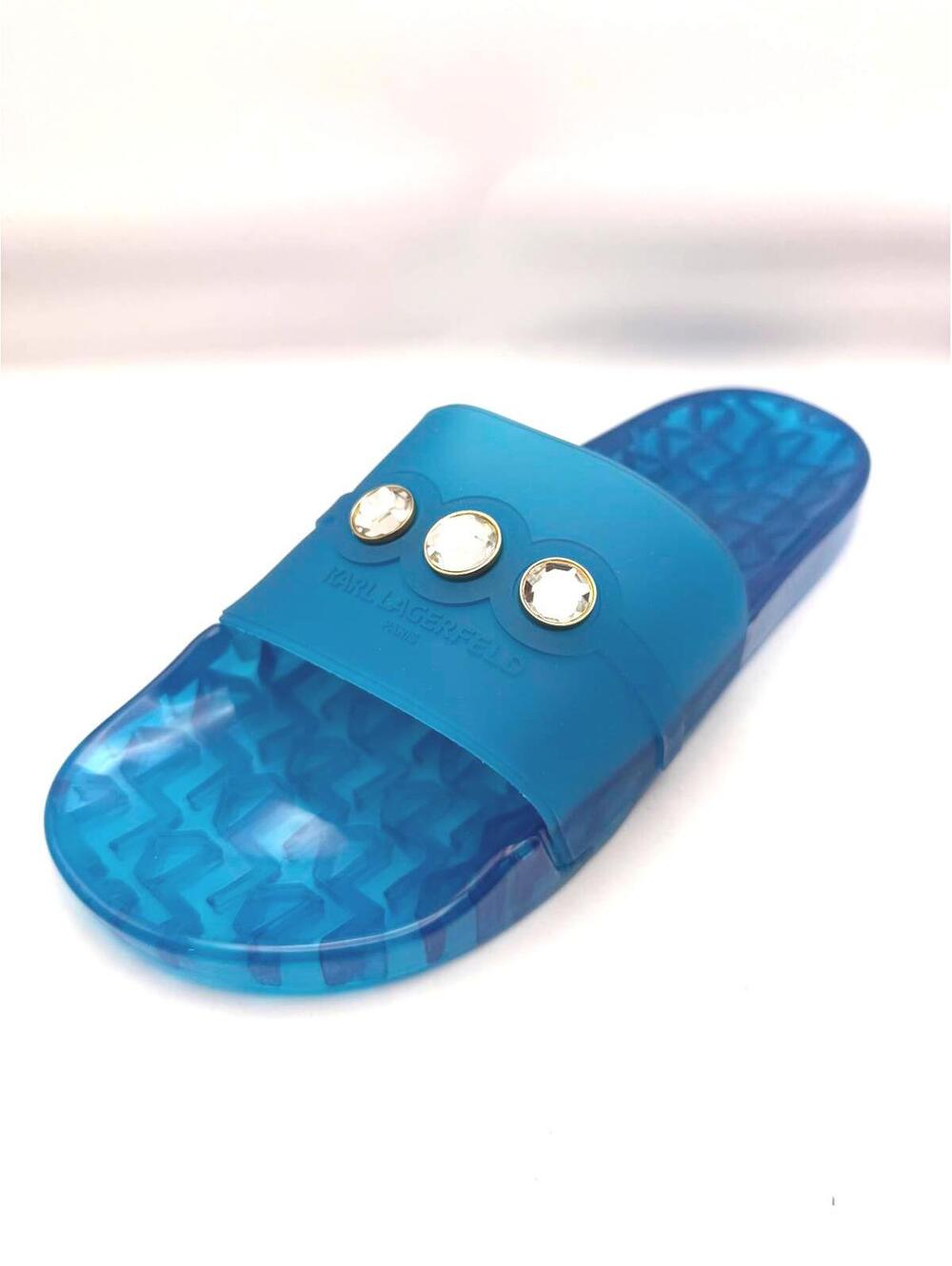 Karl Lagerfeld Blue Jelly Slide Sandals with Gold Stud Accents NWOT